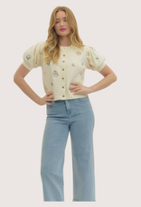 ENTRO Cream Floral Embroidered Puff Sleeve Scalloped Hem Top