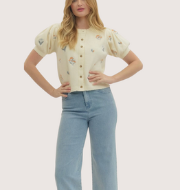 ENTRO Cream Floral Embroidered Puff Sleeve Scalloped Hem Top