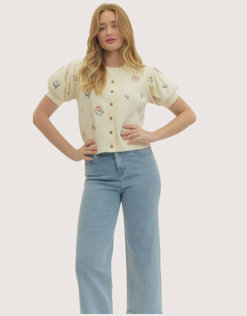 ENTRO Cream Floral Embroidered Puff Sleeve Scalloped Hem Top