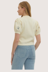 ENTRO Cream Floral Embroidered Puff Sleeve Scalloped Hem Top