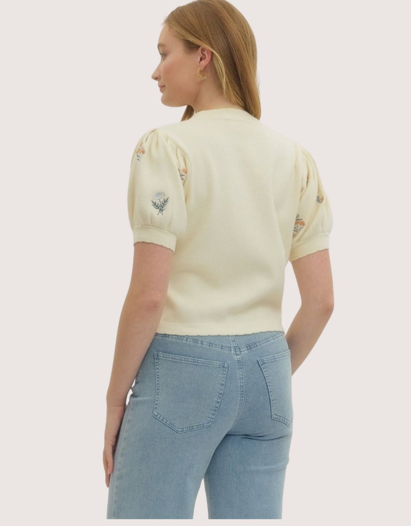 ENTRO Cream Floral Embroidered Puff Sleeve Scalloped Hem Top