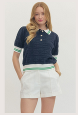 ENTRO Navy Diamond Knit Textured Short Sleeve Top
