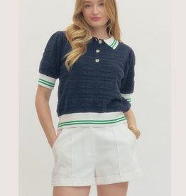 ENTRO Navy Diamond Knit Textured Short Sleeve Top
