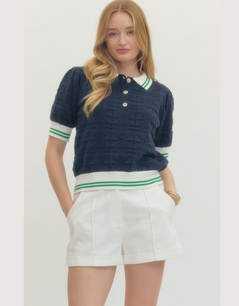 ENTRO Navy Diamond Knit Textured Short Sleeve Top