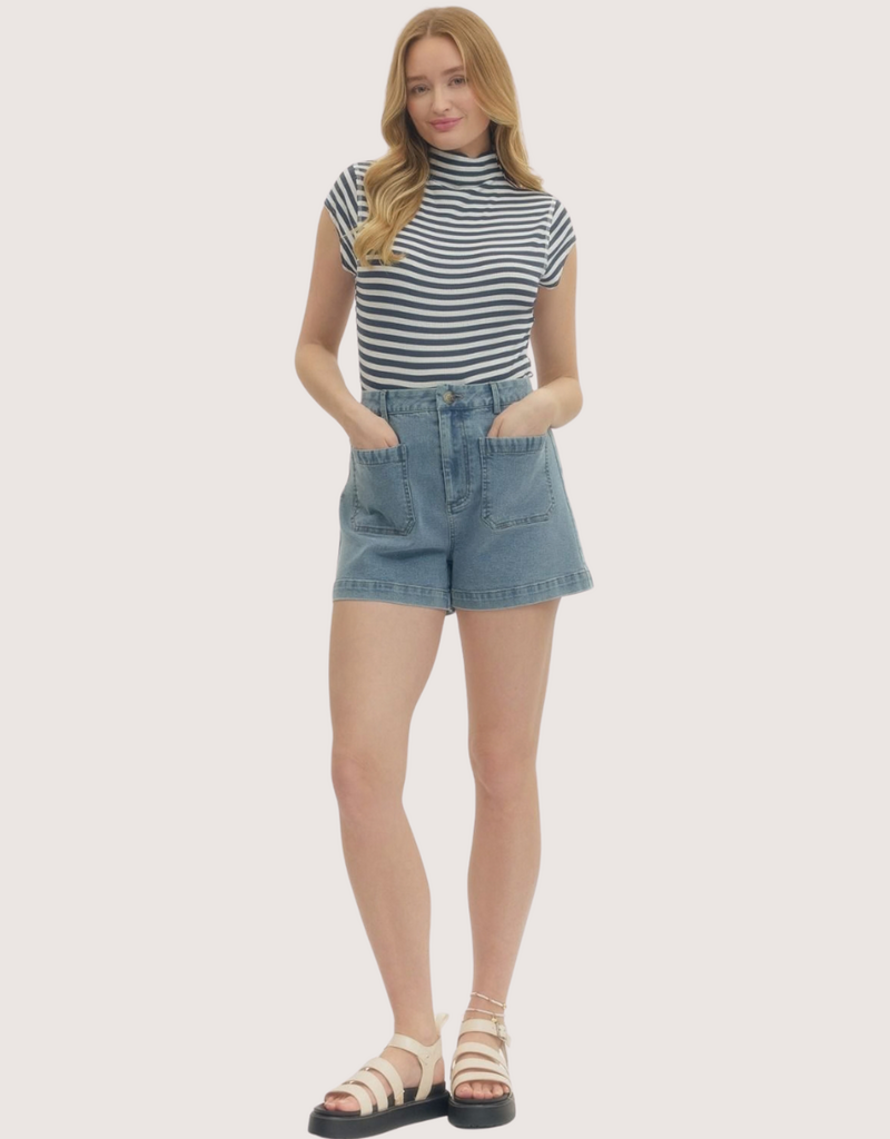 ENTRO Denim Shorts Patch Front Pockets