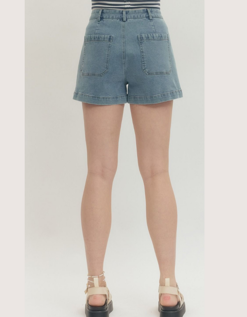 ENTRO Denim Shorts Patch Front Pockets