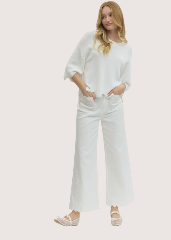 ENTRO High Waist Scallop Trim Wide Leg Pant Off White