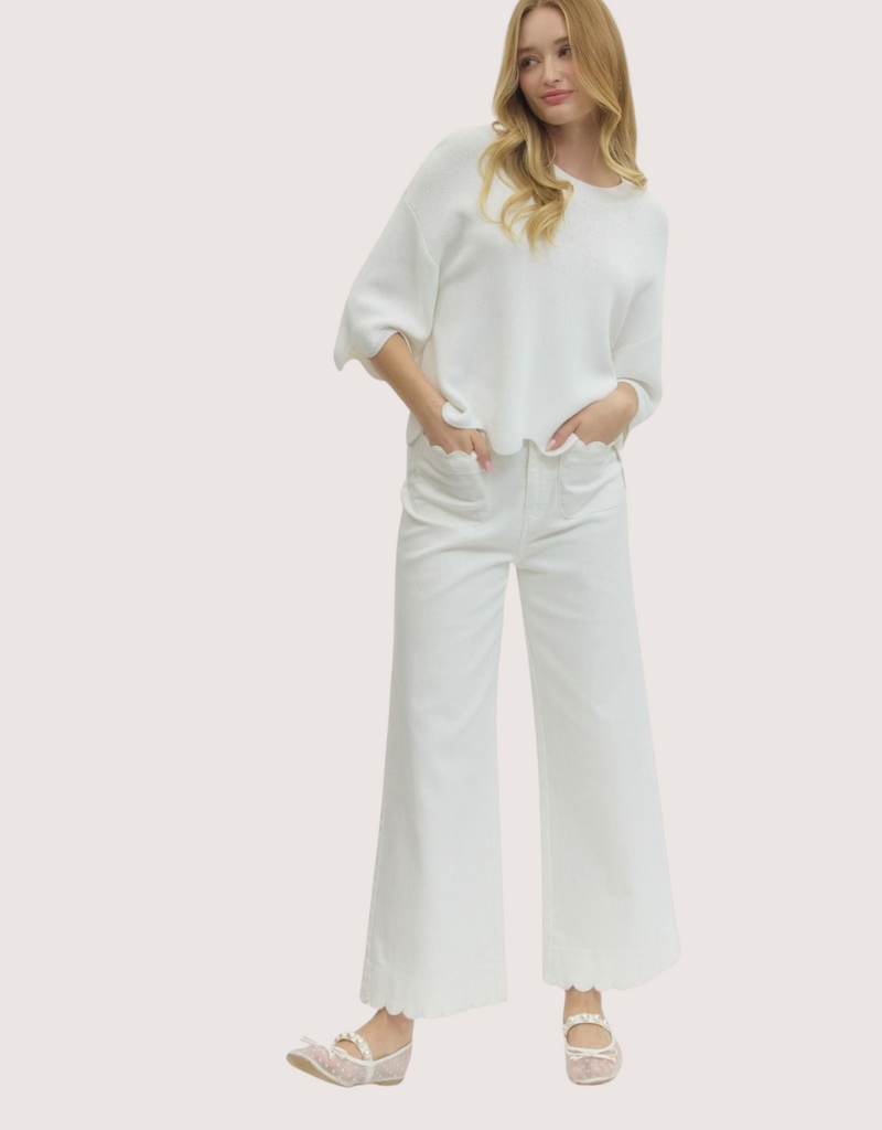 ENTRO High Waist Scallop Trim Wide Leg Pant Off White
