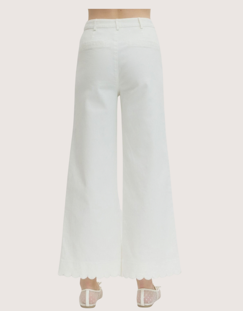 ENTRO High Waist Scallop Trim Wide Leg Pant Off White