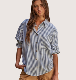 BY TOGETHER Woven Cotton Collar Neck Button Front Long Sleeve Blouse Blue