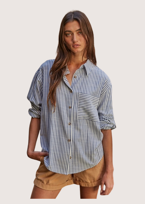 BY TOGETHER Woven Cotton Collar Neck Button Front Long Sleeve Blouse Blue