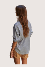 BY TOGETHER Woven Cotton Collar Neck Button Front Long Sleeve Blouse Blue