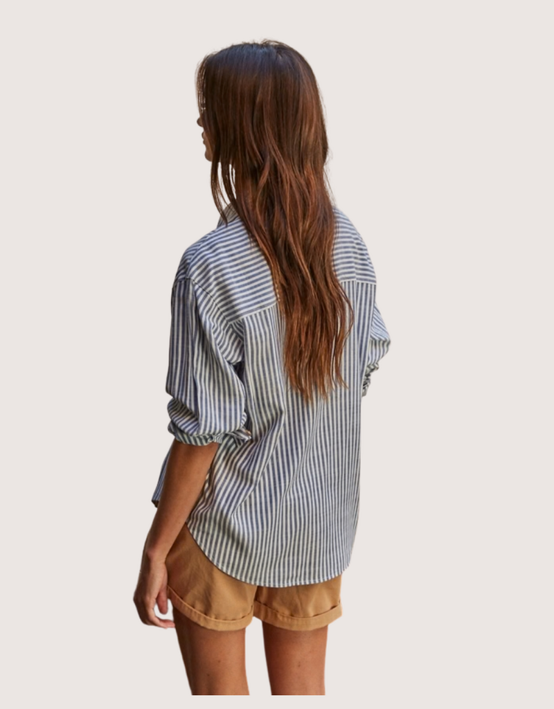 BY TOGETHER Woven Cotton Collar Neck Button Front Long Sleeve Blouse Blue