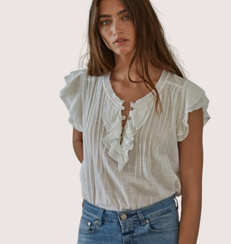 BY TOGETHER White Woven Cotton Linen Button V-Neck Short Sleeve Blouse