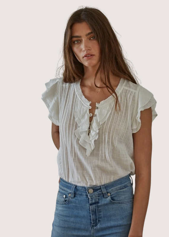 BY TOGETHER White Woven Cotton Linen Button V-Neck Short Sleeve Blouse