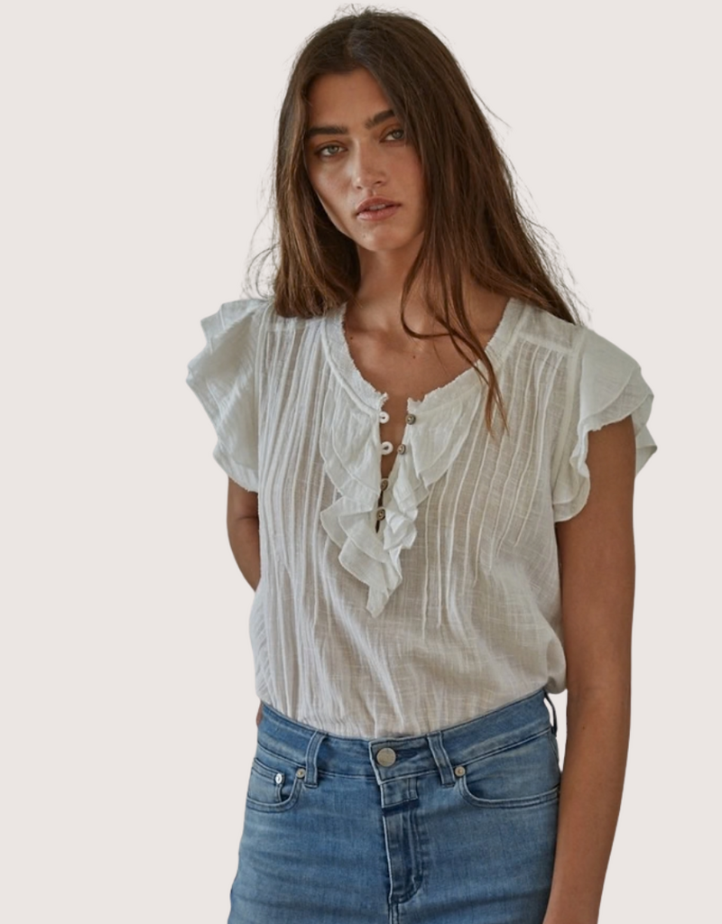 BY TOGETHER White Woven Cotton Linen Button V-Neck Short Sleeve Blouse