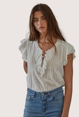 BY TOGETHER White Woven Cotton Linen Button V-Neck Short Sleeve Blouse