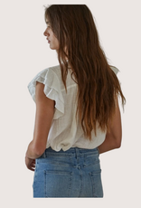 BY TOGETHER White Woven Cotton Linen Button V-Neck Short Sleeve Blouse