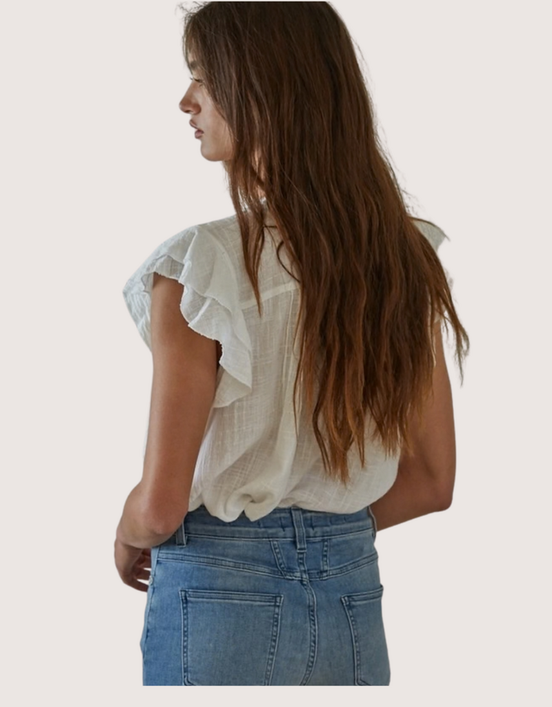 BY TOGETHER White Woven Cotton Linen Button V-Neck Short Sleeve Blouse