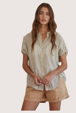 BY TOGETHER Taupe Stripped Button Down Collar Neck Short Sleeve Top