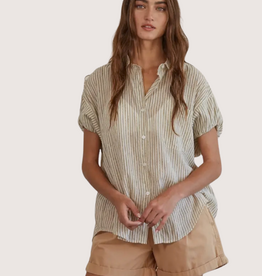 BY TOGETHER Taupe Stripped Button Down Collar Neck Short Sleeve Top