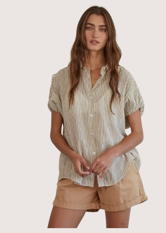 BY TOGETHER Taupe Stripped Button Down Collar Neck Short Sleeve Top