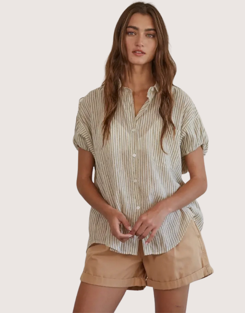 BY TOGETHER Taupe Stripped Button Down Collar Neck Short Sleeve Top