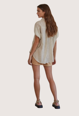 BY TOGETHER Taupe Stripped Button Down Collar Neck Short Sleeve Top