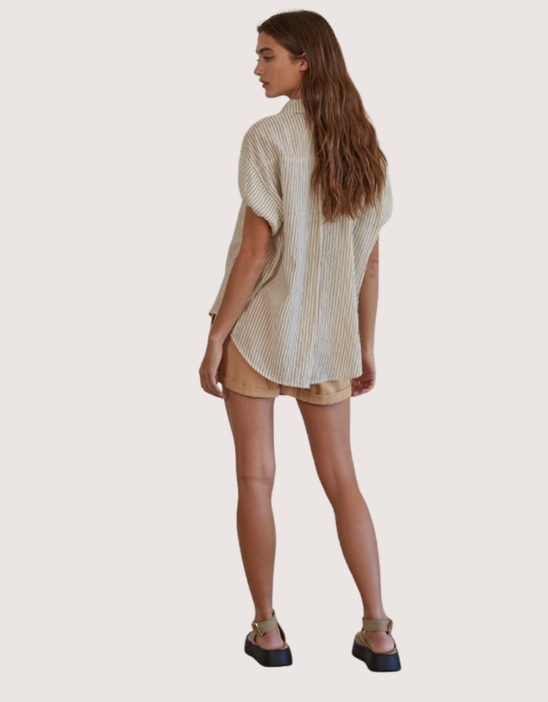 BY TOGETHER Taupe Stripped Button Down Collar Neck Short Sleeve Top