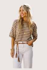 SEWN AND SEEN Taupe/White Striped Knit Short Sleeve Top