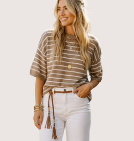 SEWN AND SEEN Taupe/White Striped Knit Short Sleeve Top