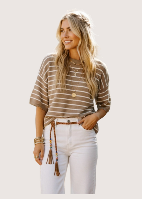 SEWN AND SEEN Taupe/White Striped Knit Short Sleeve Top