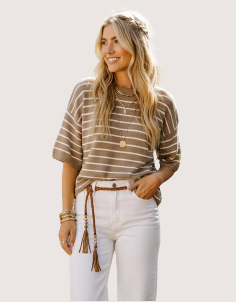 SEWN AND SEEN Taupe/White Striped Knit Short Sleeve Top