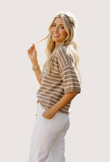 SEWN AND SEEN Taupe/White Striped Knit Short Sleeve Top