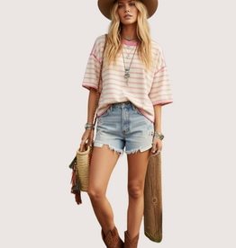 SEWN AND SEEN Cream Combo Striped  SS Oversized Top