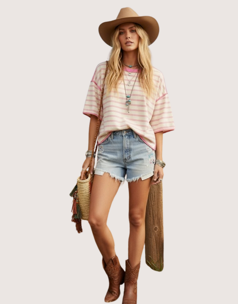 SEWN AND SEEN Cream Combo Striped  SS Oversized Top