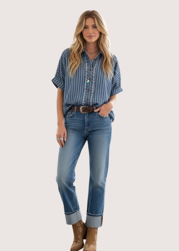 SEWN AND SEEN Mineral Washed Striped Button Down Top