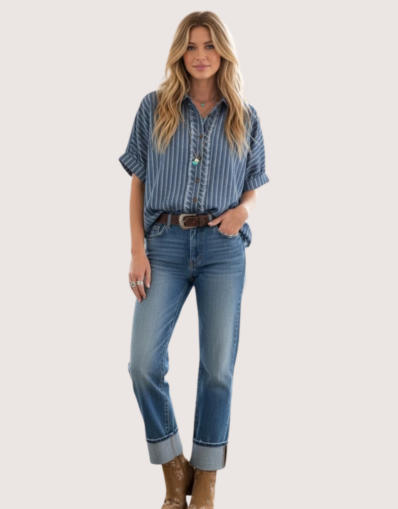 SEWN AND SEEN Mineral Washed Striped Button Down Top