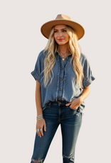 SEWN AND SEEN Frayed Trim Denim Button Top