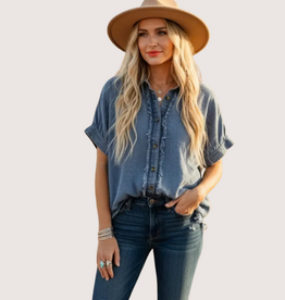 SEWN AND SEEN Frayed Trim Denim Button Top