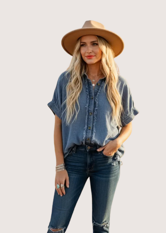 SEWN AND SEEN Frayed Trim Denim Button Top