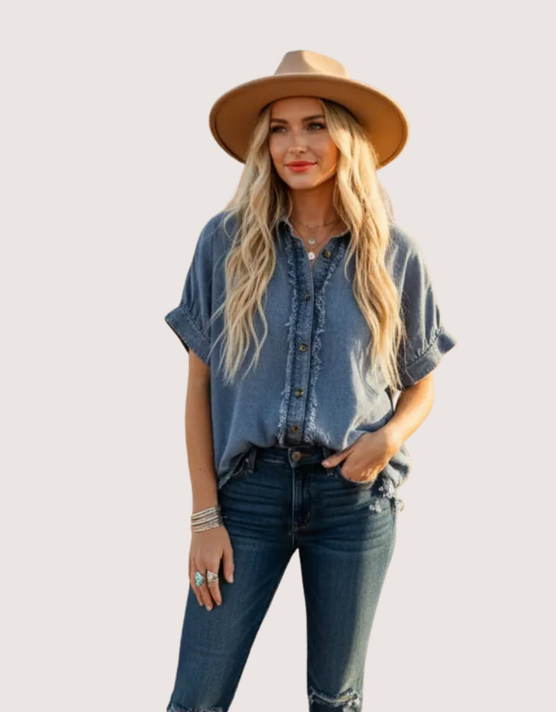 SEWN AND SEEN Frayed Trim Denim Button Top