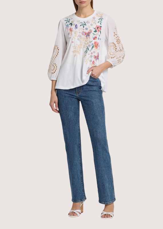 JOHNNY WAS Arva 3/4 Sleeve White Mixed Media Tee