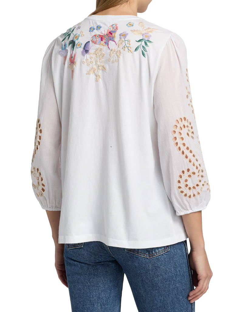 JOHNNY WAS Arva 3/4 Sleeve White Mixed Media Tee