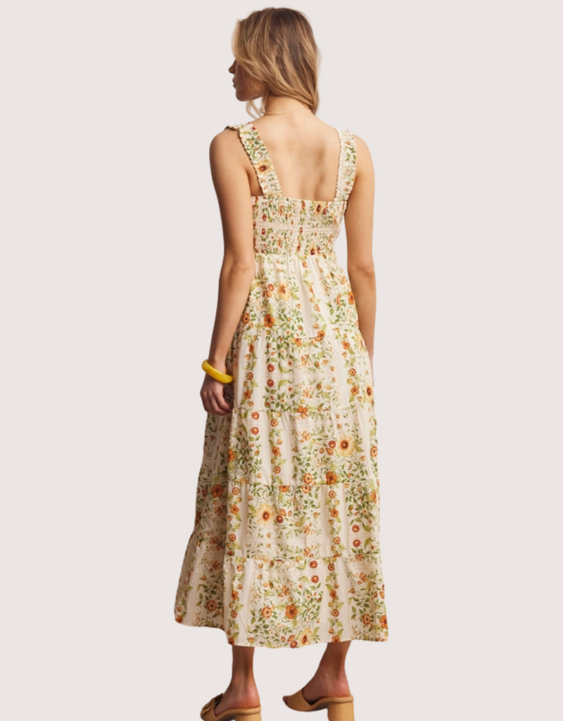FORTE Floral Smocked Tiered Midi Dress Ecru