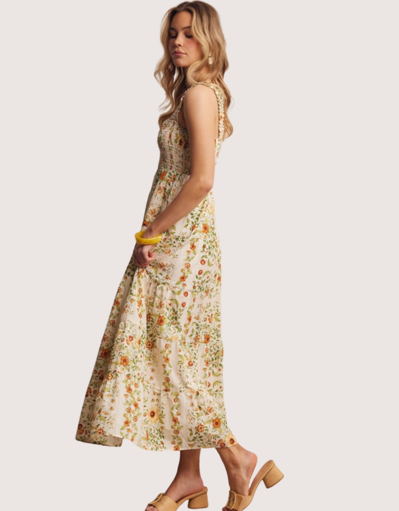 FORTE Floral Smocked Tiered Midi Dress Ecru