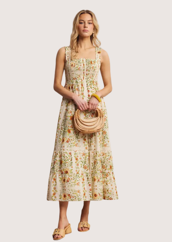 FORTE Floral Smocked Tiered Midi Dress Ecru