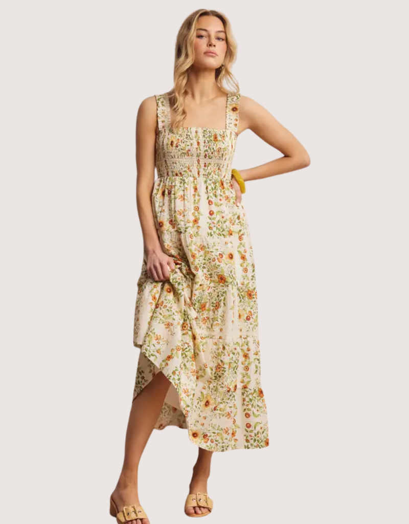 FORTE Floral Smocked Tiered Midi Dress Ecru