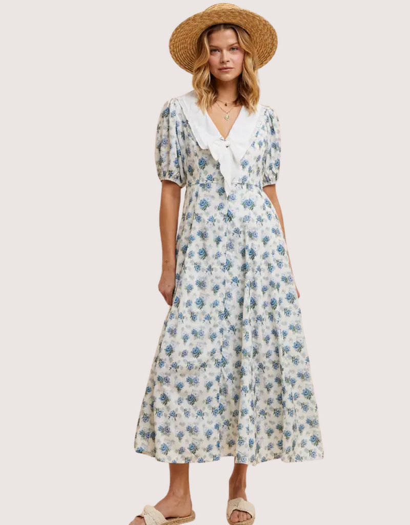 IN LOOM Doll Collar Button Down Floral Dress French Blue