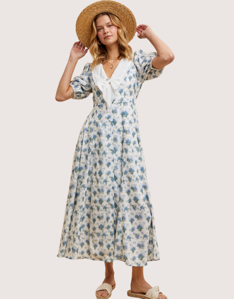 IN LOOM Doll Collar Button Down Floral Dress French Blue